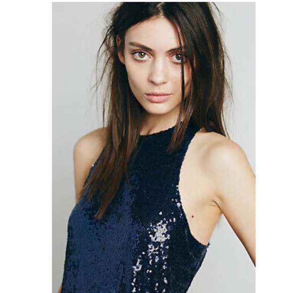 FREE PEOPLE Sleeveless Blue Liquid Shine Sequin Mini Dress S - Picture 9 of 13
